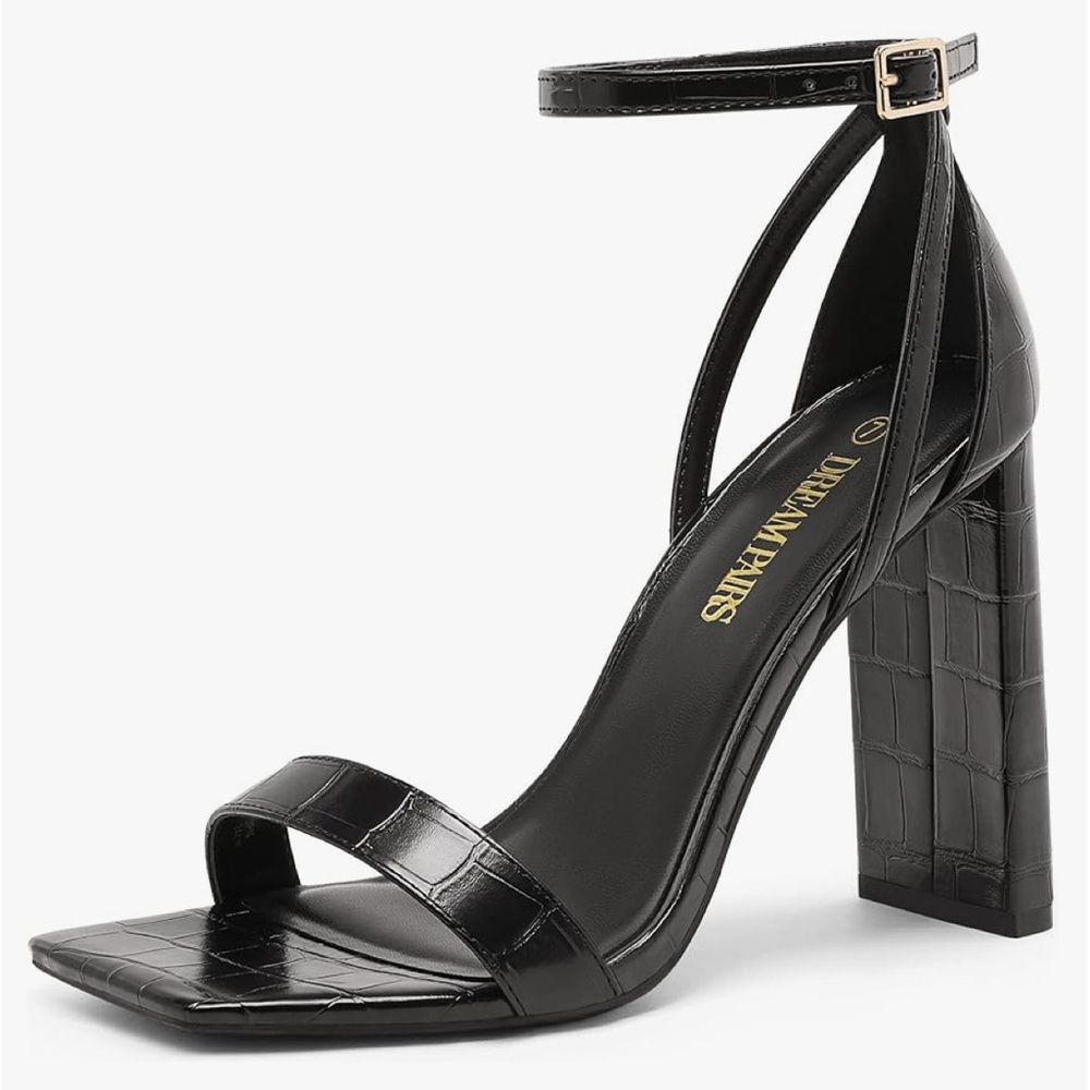 Black faux crocodile skin heels